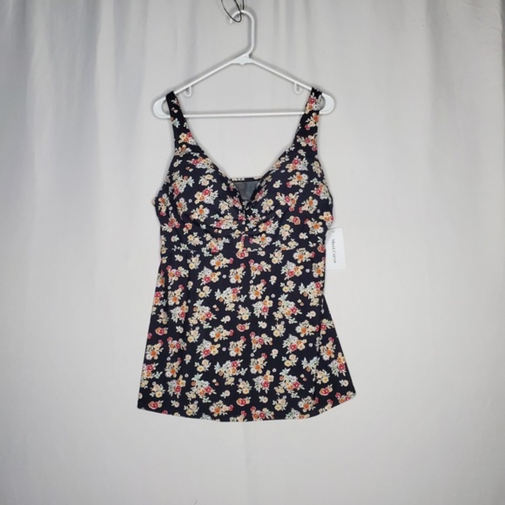 MeetCurve Tankini Swim Top Jrs‎ 2XL Dark Floral Padded Adjustable Ruched V-Neck